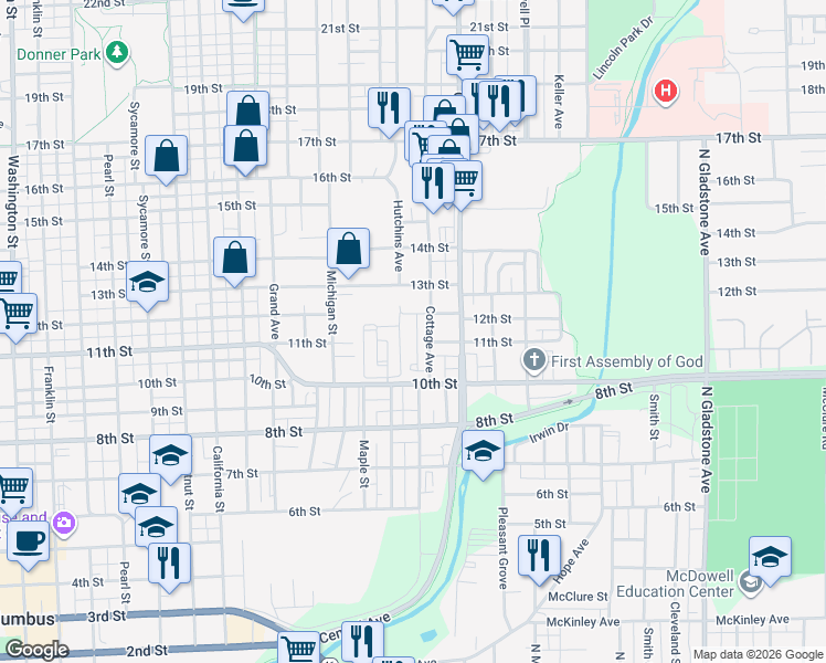 map of restaurants, bars, coffee shops, grocery stores, and more near 1108 Phoenix Court in Columbus