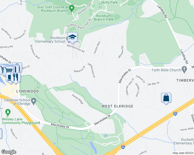 map of restaurants, bars, coffee shops, grocery stores, and more near 7345 Gardenview Drive in Elkridge