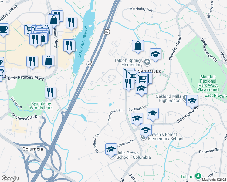 map of restaurants, bars, coffee shops, grocery stores, and more near 5890 Stevens Forest Road in Columbia