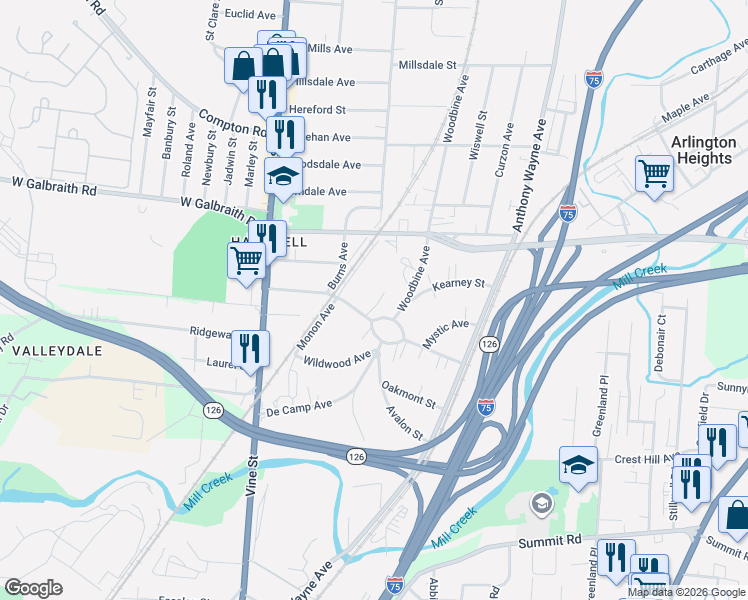 map of restaurants, bars, coffee shops, grocery stores, and more near 130 Parkway Avenue in Cincinnati