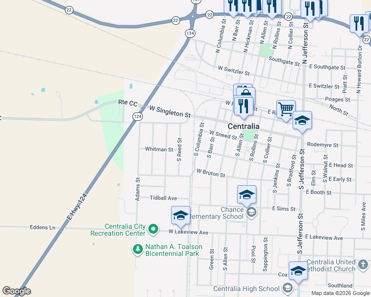 map of restaurants, bars, coffee shops, grocery stores, and more near 136 Reed Street in Centralia