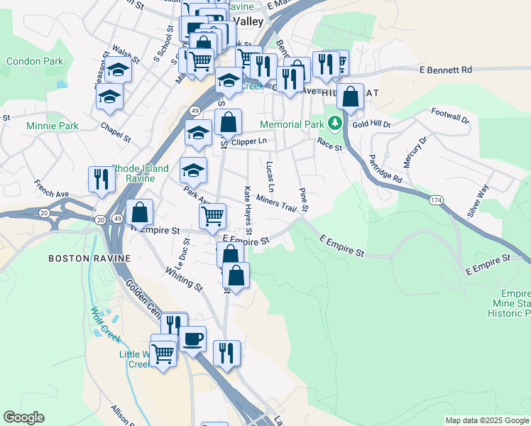 map of restaurants, bars, coffee shops, grocery stores, and more near 334 Empire Court in Grass Valley
