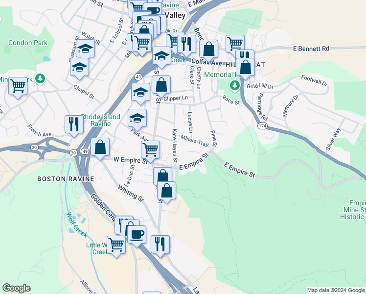 map of restaurants, bars, coffee shops, grocery stores, and more near 334 Empire Court in Grass Valley