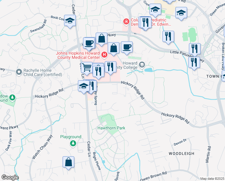 map of restaurants, bars, coffee shops, grocery stores, and more near 10744 Bridlerein Terrace in Columbia
