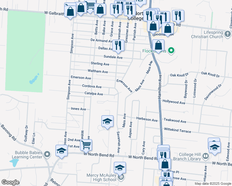 map of restaurants, bars, coffee shops, grocery stores, and more near 6412 Catalpa Avenue in Cincinnati