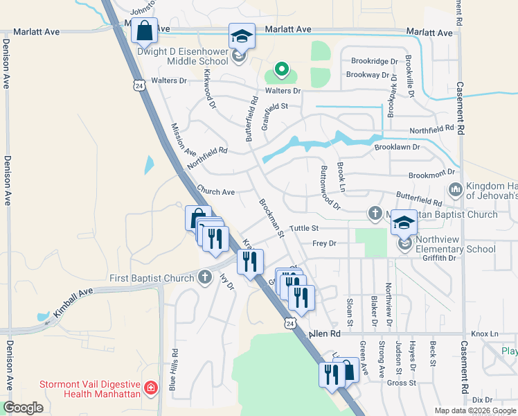 map of restaurants, bars, coffee shops, grocery stores, and more near 2505 Brockman Street in Manhattan