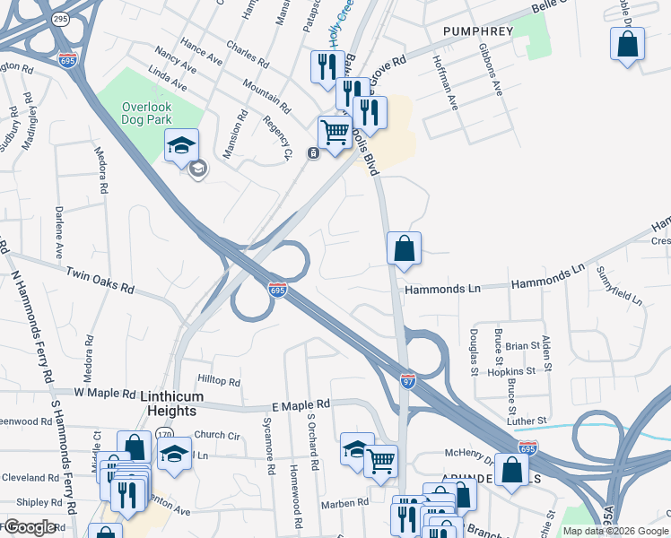 map of restaurants, bars, coffee shops, grocery stores, and more near 418 Hillview Drive in Linthicum Heights