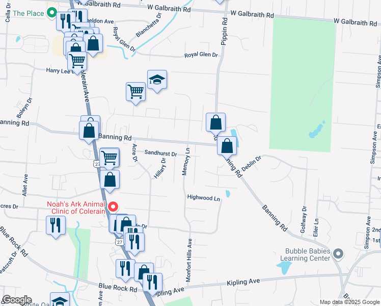 map of restaurants, bars, coffee shops, grocery stores, and more near 2610 Sandhurst Drive in Cincinnati