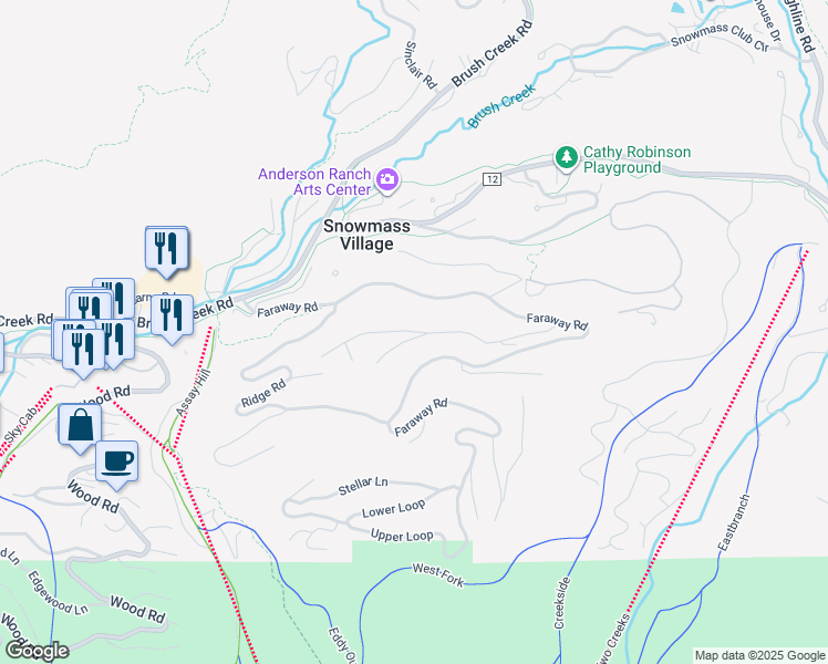 map of restaurants, bars, coffee shops, grocery stores, and more near 230 Maple Ridge Ln in Aspen