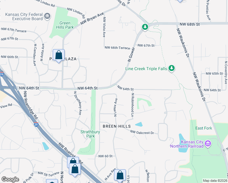 map of restaurants, bars, coffee shops, grocery stores, and more near 3804 Northwest 63rd Terrace in Kansas City