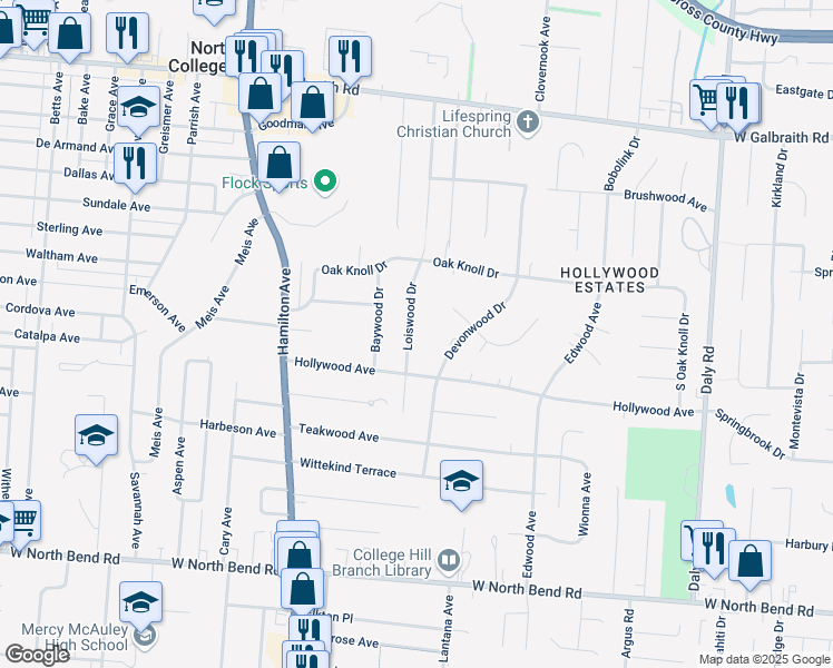 map of restaurants, bars, coffee shops, grocery stores, and more near 6532 Loiswood Drive in Cincinnati