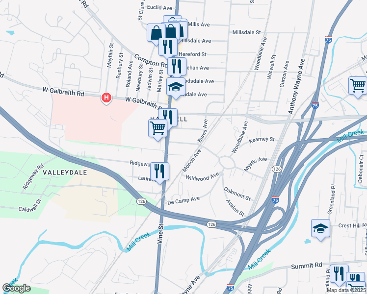 map of restaurants, bars, coffee shops, grocery stores, and more near 51 Parkway Avenue in Cincinnati