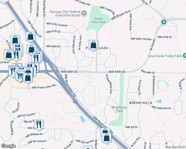 map of restaurants, bars, coffee shops, grocery stores, and more near 6329 North London Avenue in Kansas City