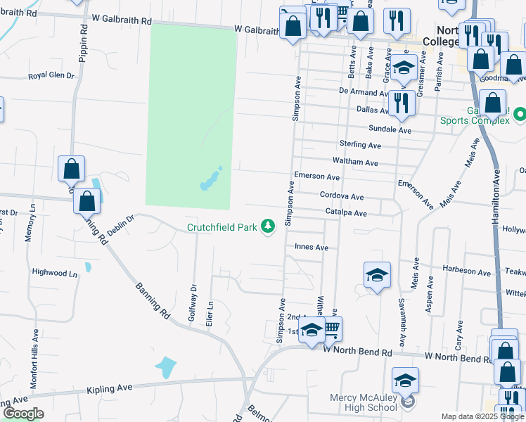 map of restaurants, bars, coffee shops, grocery stores, and more near 2015 Catalpa Avenue in Cincinnati