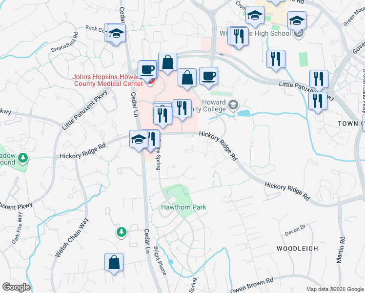 map of restaurants, bars, coffee shops, grocery stores, and more near 10752 Bridlerein Terrace in Columbia