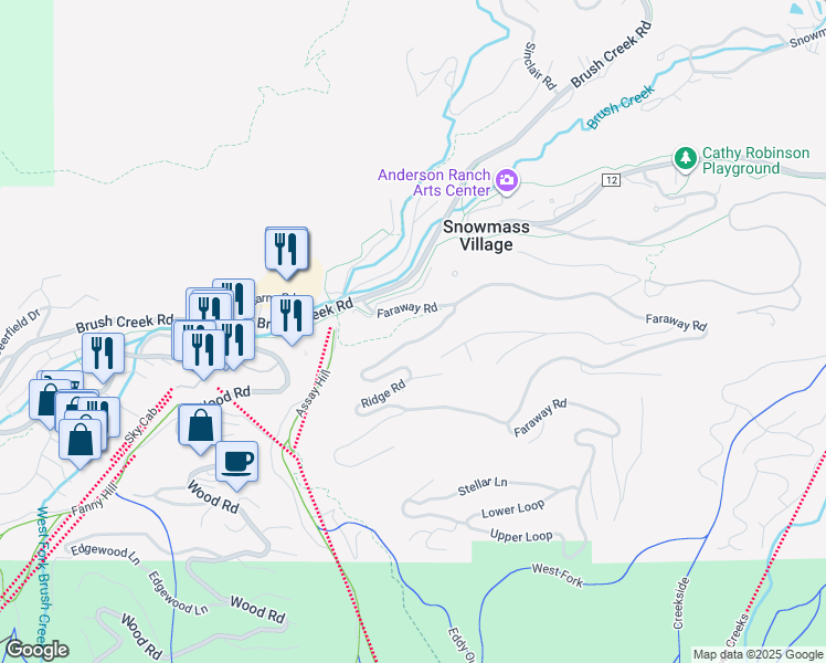 map of restaurants, bars, coffee shops, grocery stores, and more near 131 Twin Ridge Drive in Aspen