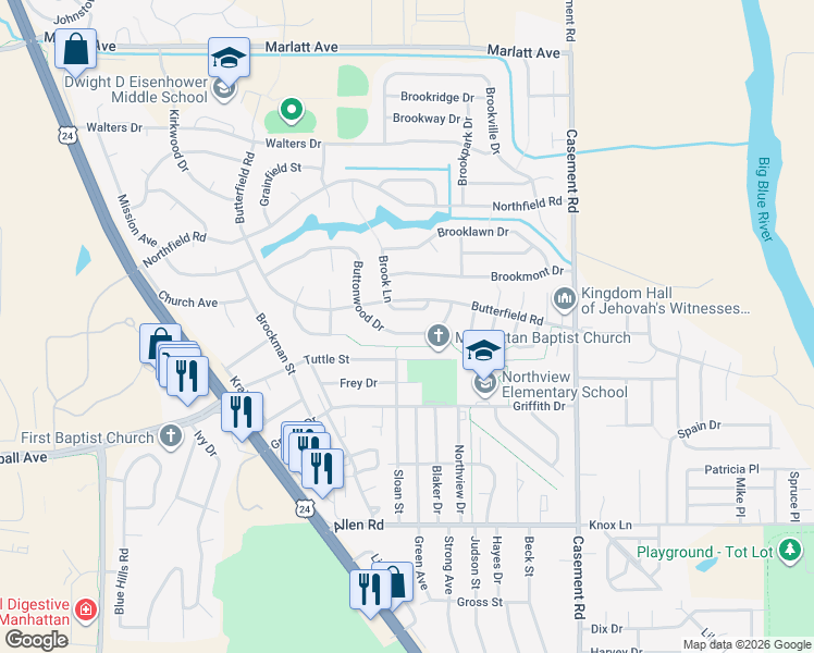 map of restaurants, bars, coffee shops, grocery stores, and more near 2424 Buttonwood Drive in Manhattan
