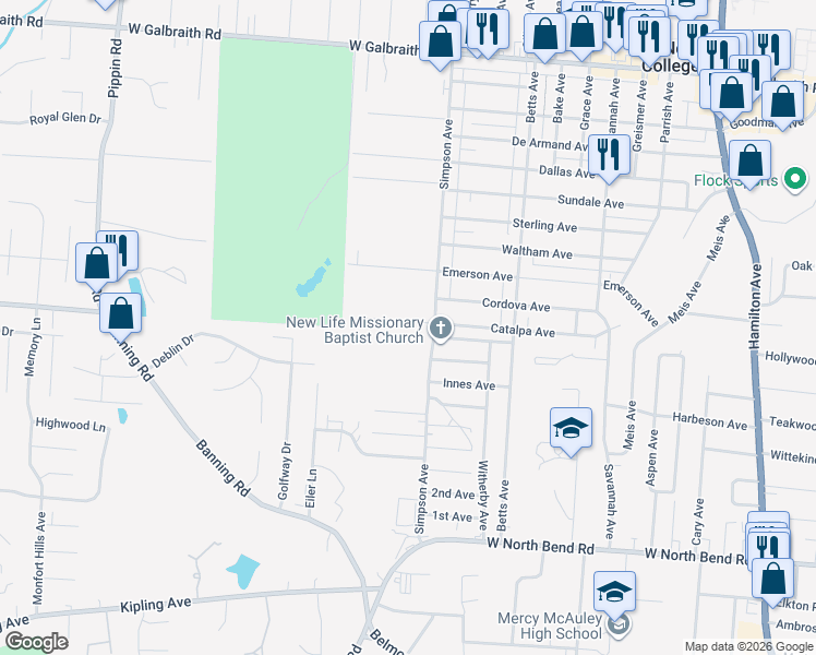 map of restaurants, bars, coffee shops, grocery stores, and more near 2001 Catalpa Avenue in Cincinnati
