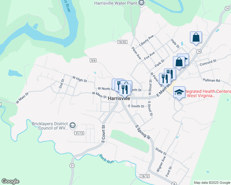 map of restaurants, bars, coffee shops, grocery stores, and more near 121 North Court Street in Harrisville