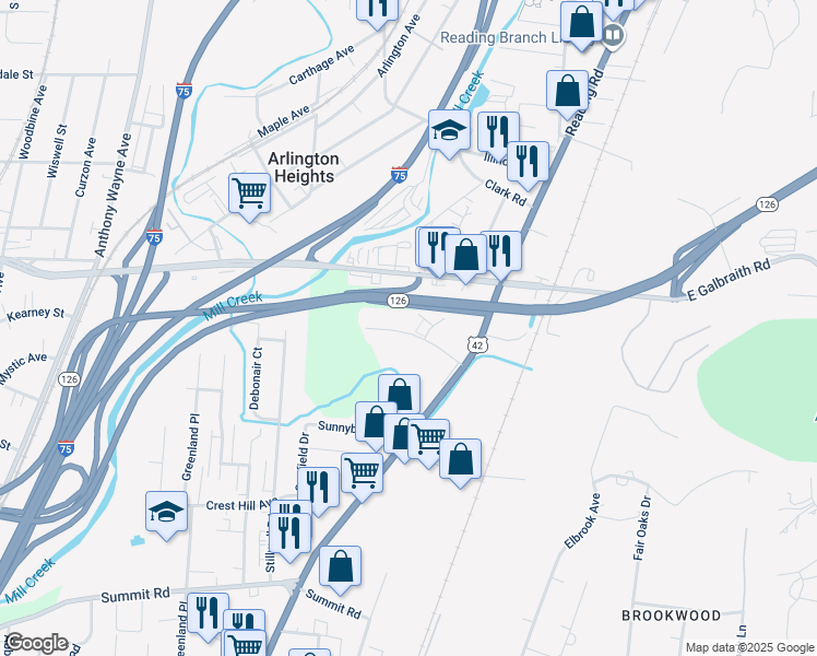 map of restaurants, bars, coffee shops, grocery stores, and more near 1905 Chaucer Drive in Cincinnati