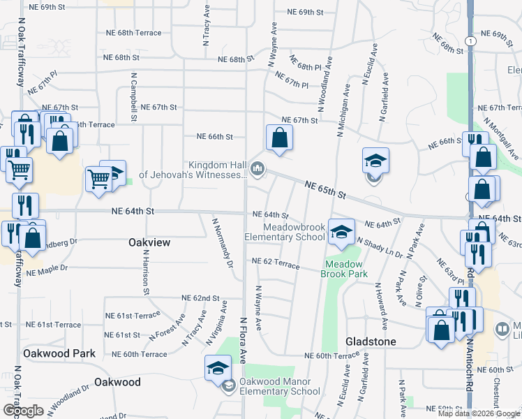 map of restaurants, bars, coffee shops, grocery stores, and more near 1508 Northeast 64th Street in Gladstone