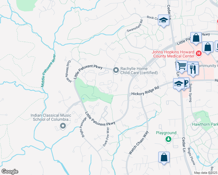 map of restaurants, bars, coffee shops, grocery stores, and more near 12307 Green Meadow Drive in Columbia