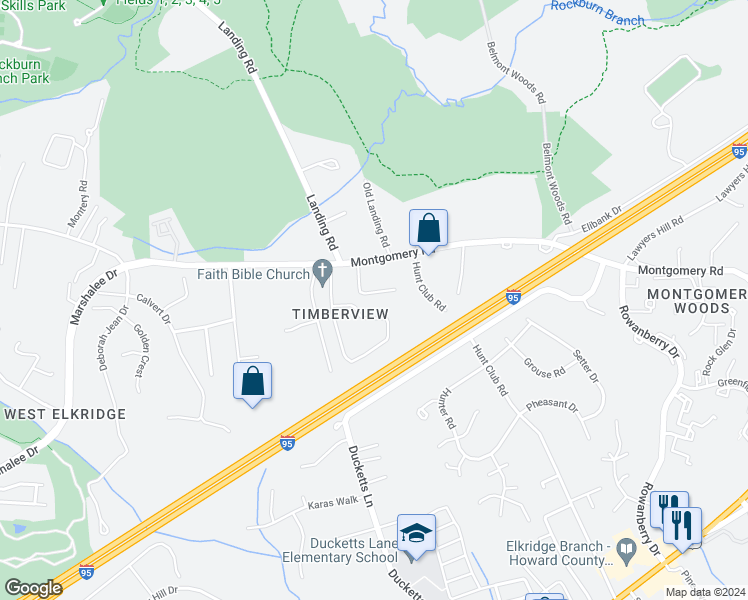 map of restaurants, bars, coffee shops, grocery stores, and more near 6704 Handley Drive in Elkridge