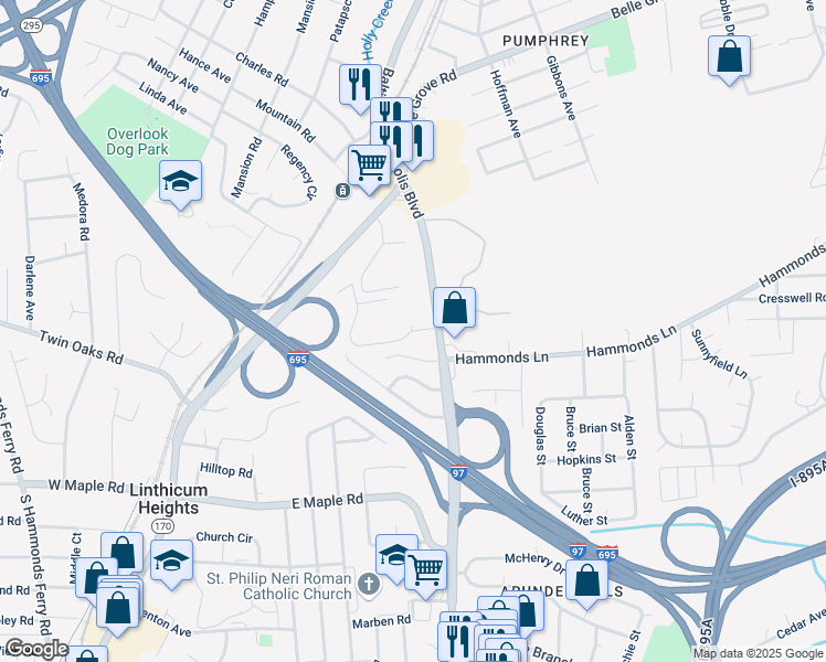 map of restaurants, bars, coffee shops, grocery stores, and more near 418 Hillview Drive in Linthicum Heights