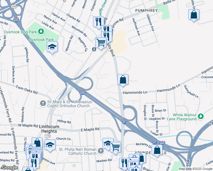 map of restaurants, bars, coffee shops, grocery stores, and more near 412 Hillview Drive in Linthicum Heights