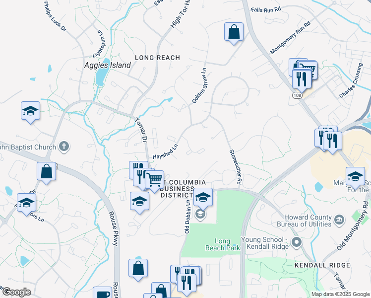 map of restaurants, bars, coffee shops, grocery stores, and more near 8705 Hayshed Lane in Columbia