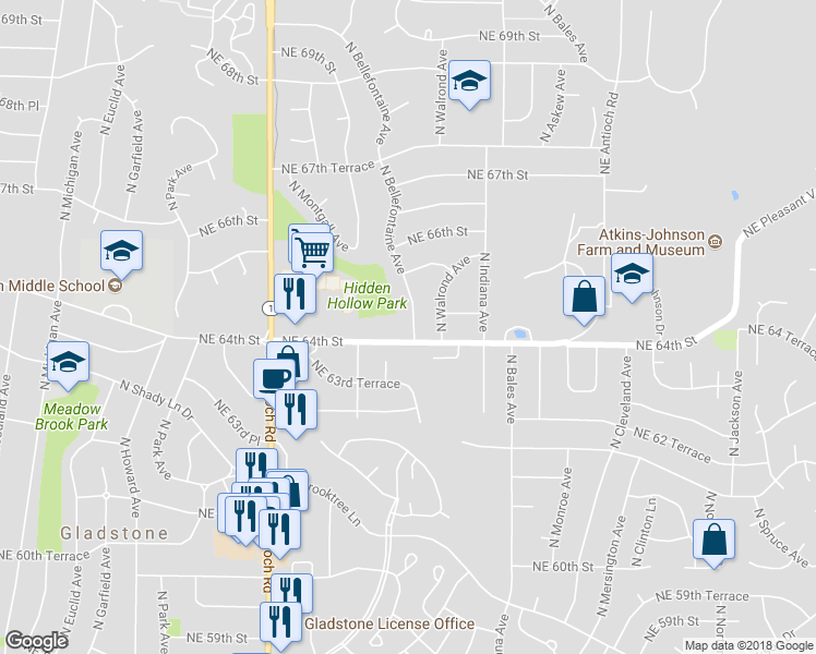 map of restaurants, bars, coffee shops, grocery stores, and more near 6402 North Bellefontaine Avenue in Kansas City
