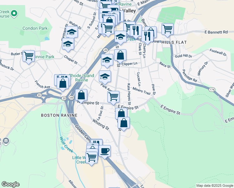 map of restaurants, bars, coffee shops, grocery stores, and more near 501 South Auburn Street in Grass Valley