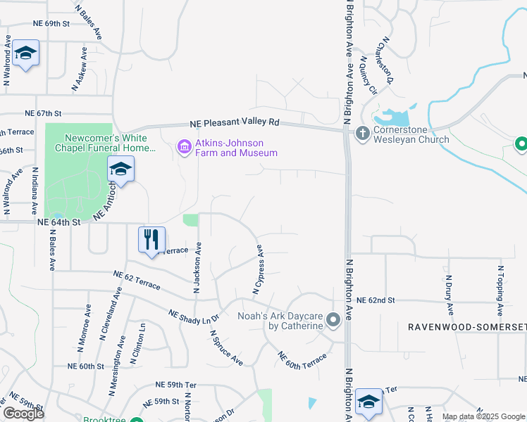 map of restaurants, bars, coffee shops, grocery stores, and more near 6323 North Cypress Avenue in Kansas City