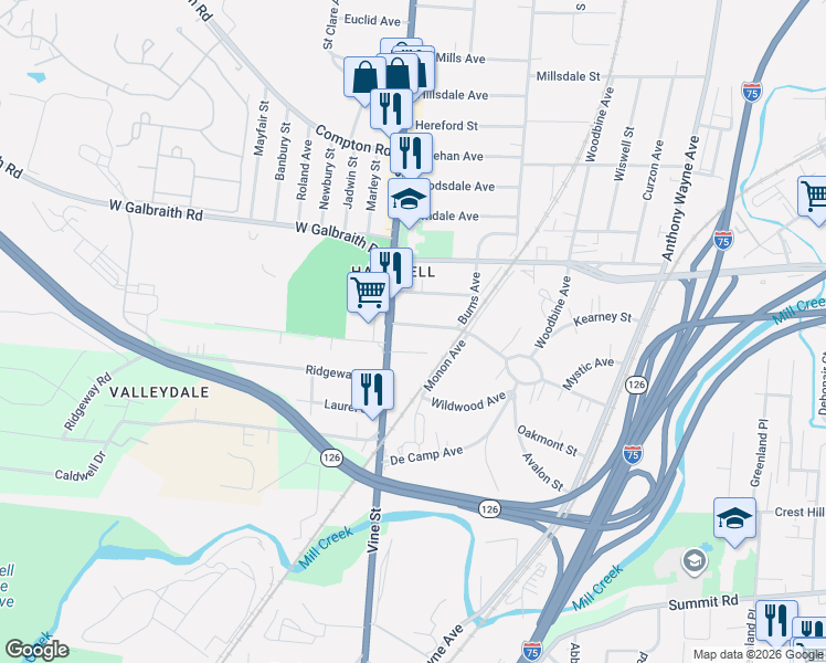 map of restaurants, bars, coffee shops, grocery stores, and more near 8214 Vine Street in Cincinnati
