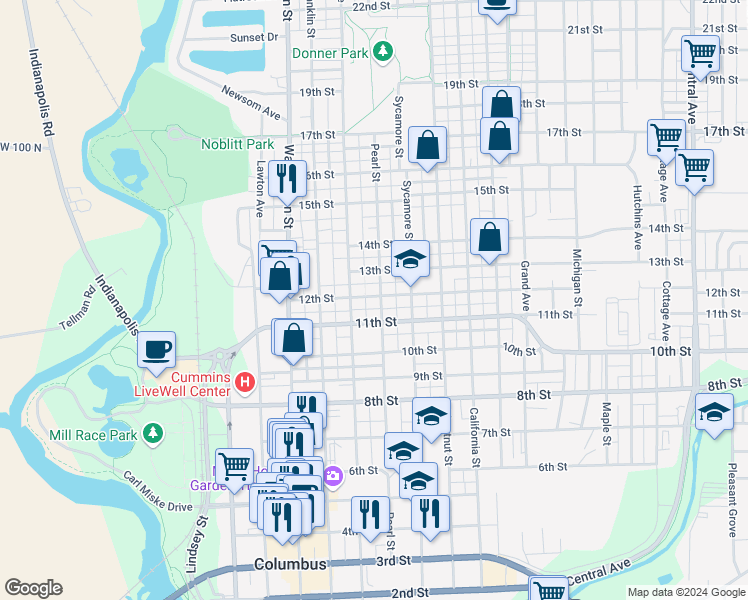 map of restaurants, bars, coffee shops, grocery stores, and more near 1117 Lafayette Avenue in Columbus