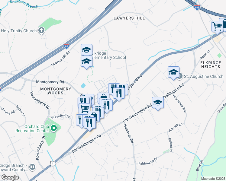 map of restaurants, bars, coffee shops, grocery stores, and more near 7112 Charu Lane in Elkridge