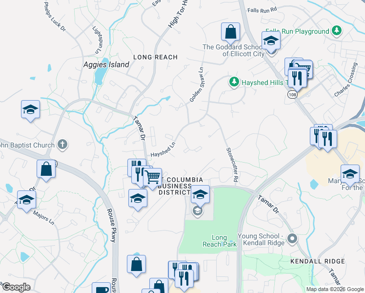 map of restaurants, bars, coffee shops, grocery stores, and more near 8705 Hayshed Lane in Columbia