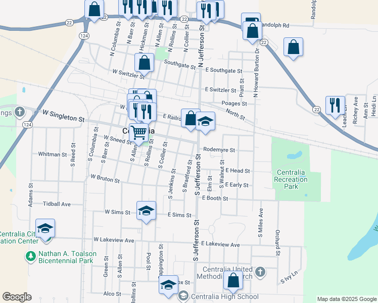 map of restaurants, bars, coffee shops, grocery stores, and more near 319 East Sneed Street in Centralia