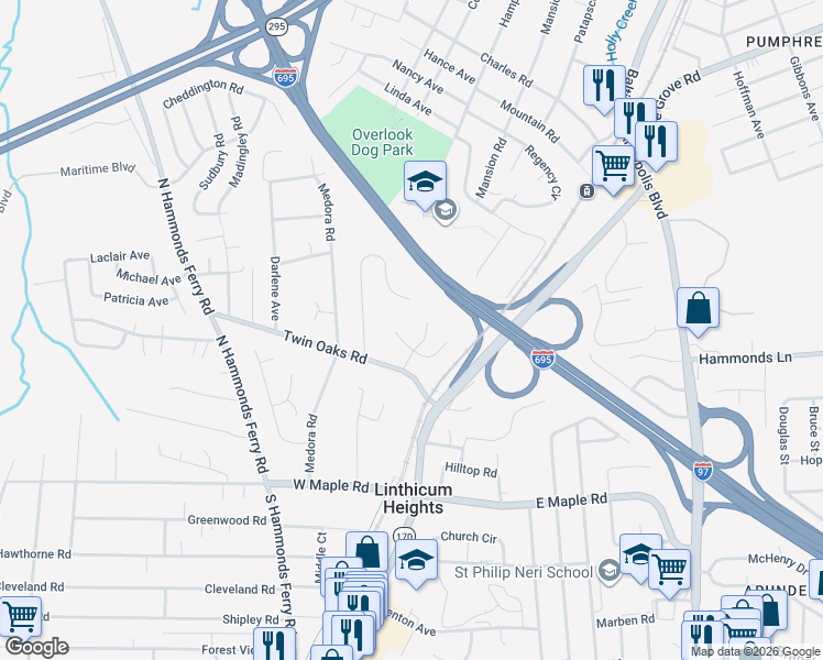 map of restaurants, bars, coffee shops, grocery stores, and more near 5910 Oak Twin Court in Linthicum Heights