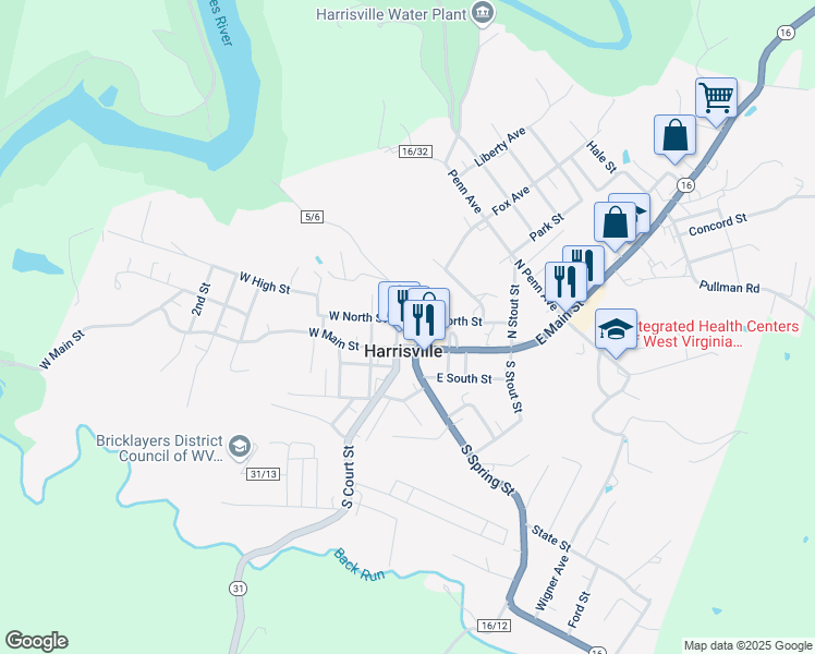 map of restaurants, bars, coffee shops, grocery stores, and more near 302 East Main Street in Harrisville