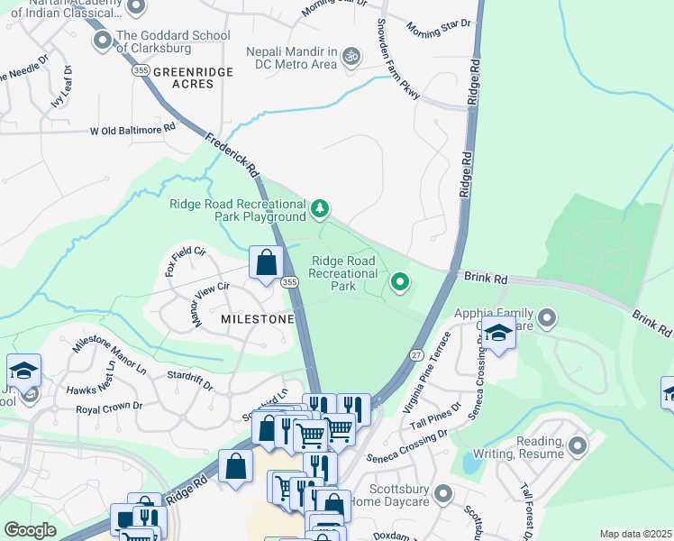 map of restaurants, bars, coffee shops, grocery stores, and more near 21155 Frederick Road in Germantown