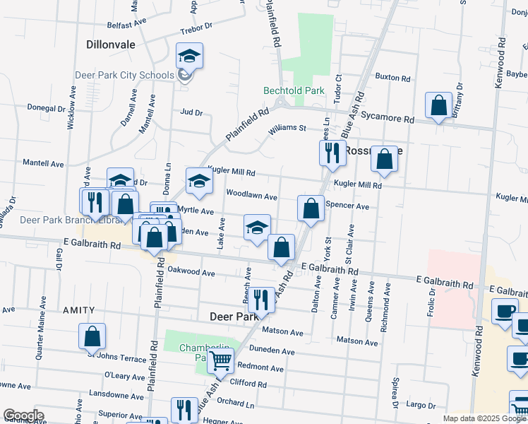 map of restaurants, bars, coffee shops, grocery stores, and more near 4230 Myrtle Avenue in Cincinnati