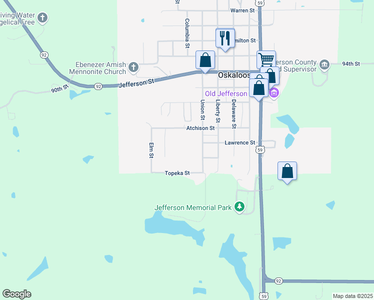 map of restaurants, bars, coffee shops, grocery stores, and more near 600 Topeka St in Oskaloosa