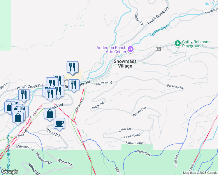 map of restaurants, bars, coffee shops, grocery stores, and more near 439 Maple Ridge Lane in Snowmass Village