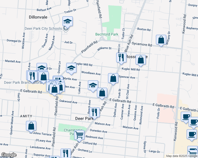 map of restaurants, bars, coffee shops, grocery stores, and more near 4230 Myrtle Avenue in Cincinnati