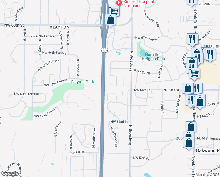 map of restaurants, bars, coffee shops, grocery stores, and more near 512 Northwest 63rd Street in Kansas City