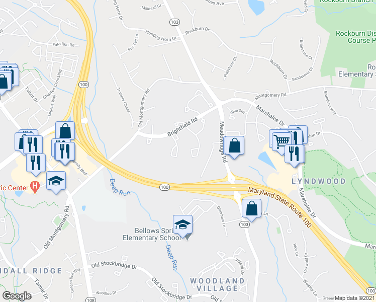 map of restaurants, bars, coffee shops, grocery stores, and more near 7974 Brightmeadow Court in Ellicott City