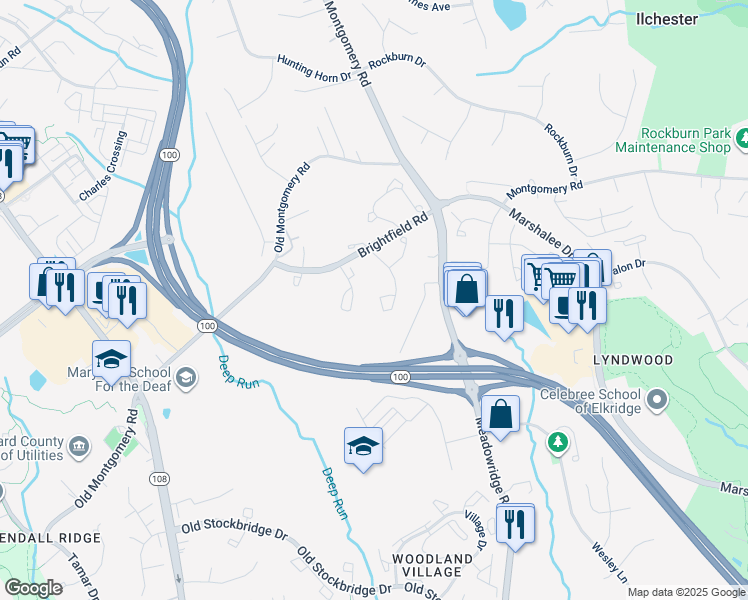 map of restaurants, bars, coffee shops, grocery stores, and more near 7974 Brightmeadow Court in Ellicott City