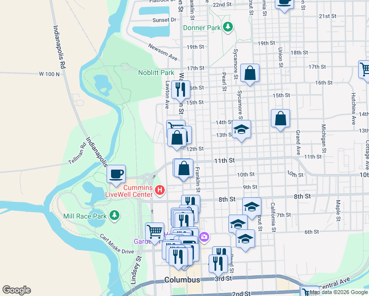 map of restaurants, bars, coffee shops, grocery stores, and more near 1129 Washington Street in Columbus