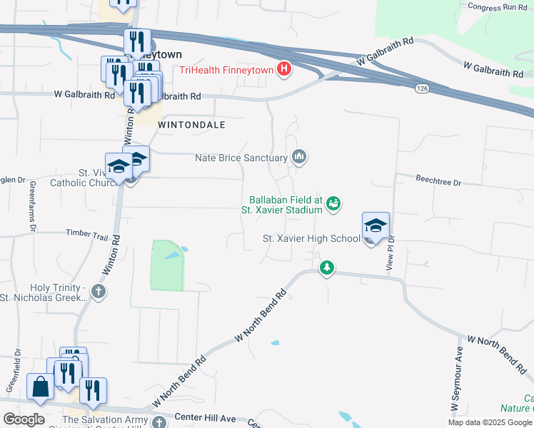map of restaurants, bars, coffee shops, grocery stores, and more near 717 Castlegate Lane in Cincinnati